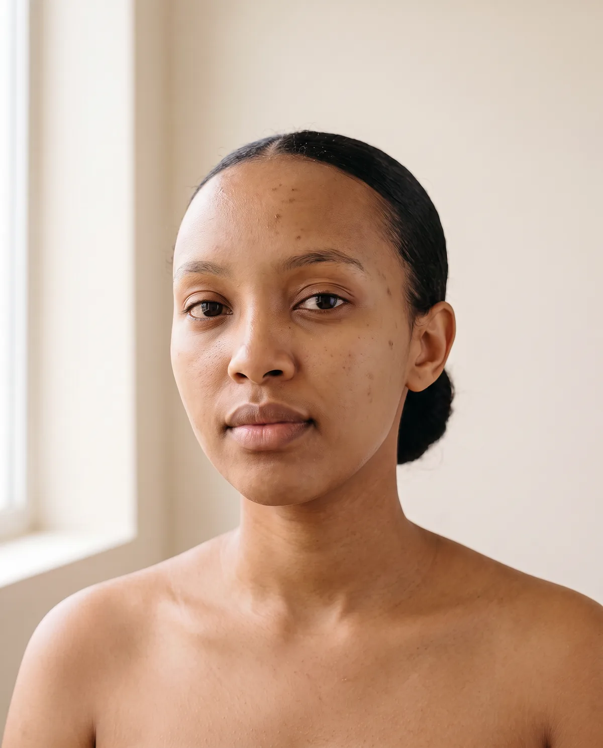 After: a young woman in her early twenties, photographed straight on in daylight