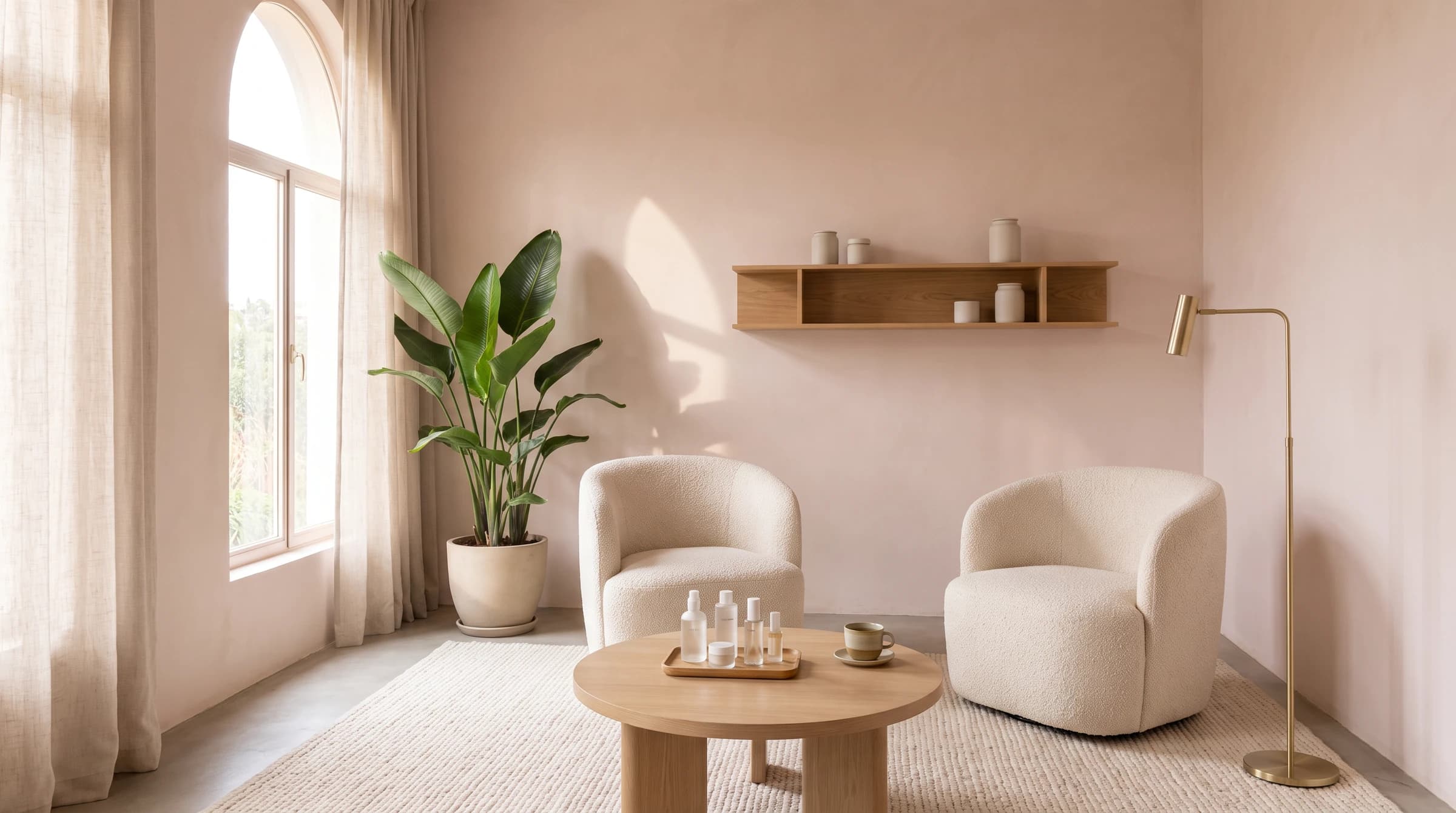 A calm consultation studio with pale pink plaster walls, two cream armchairs and an arched window